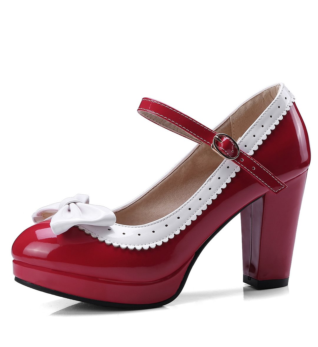 1950s Retro Bow Colorblock Chunky Heel Shoes