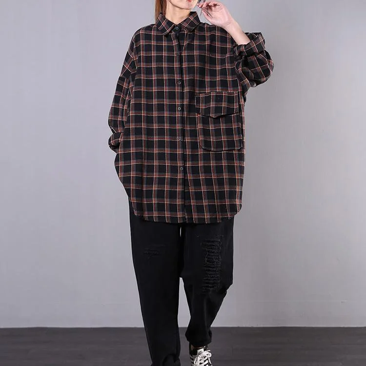 Bohemian lapel pockets cotton clothes Tops black plaid shirts