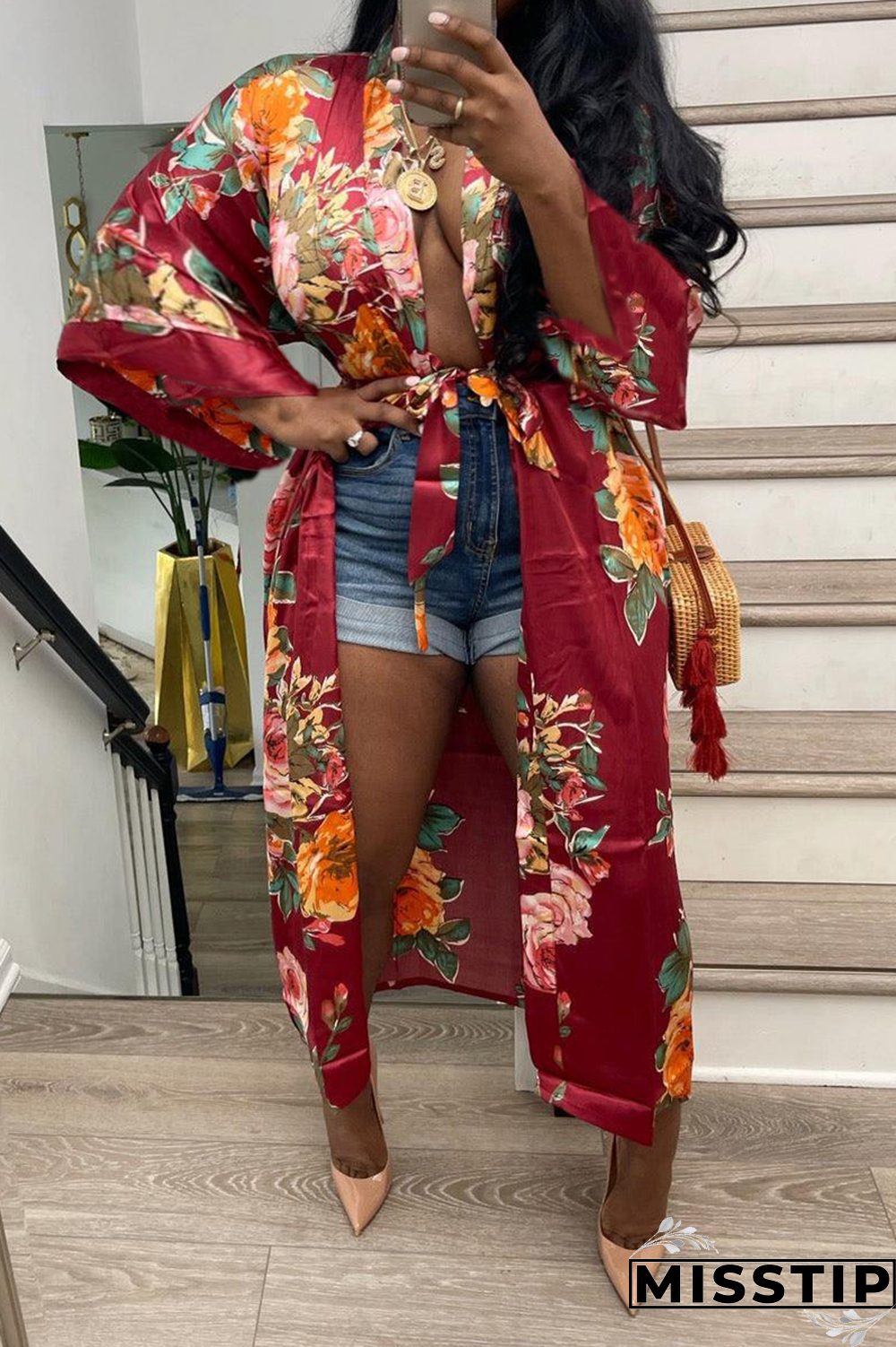 Yellow Casual Print Bandage Cardigan Collar Outerwear