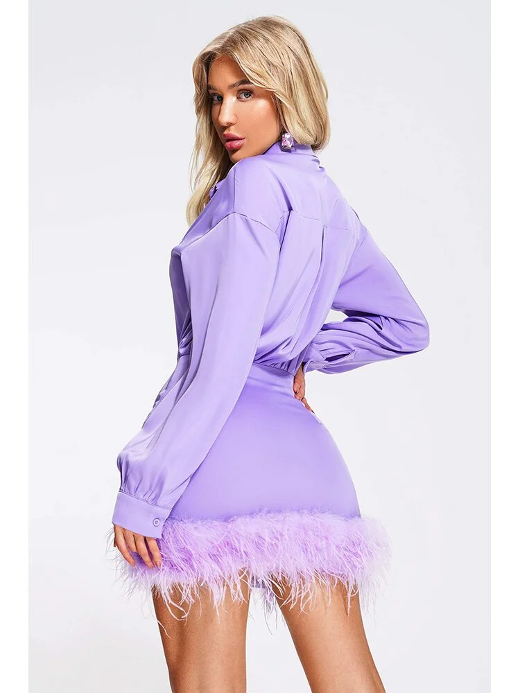 Tlbang Women Lapel Collar Long Sleeve Feathers Mini Dress Elegant Purple Orchid Feather High Waist Bodycon Dress Evening Club Party