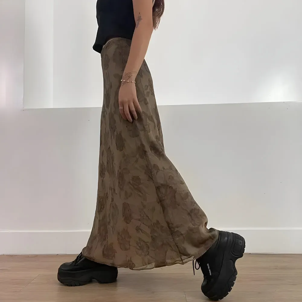 Brownm Grunge Floral Maxi Skirt