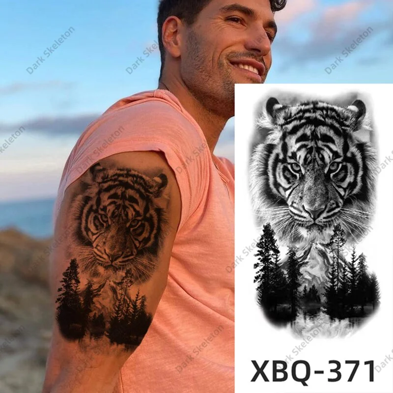 Sdrawing Black Forest Tattoo Sticker For Men Women Children Tiger Wolf Death Temporary Tattoo Fake Henna Skeleton King Animal Tatoo
