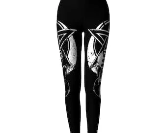 Pornhint raven skull leggings, raven leggings, witch leggings, pentacle leggings, pentagram leggings, occult yoga, Nat Jones, occult leggings, raven