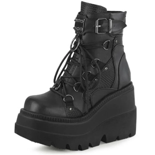 Black/White/Pink Goth Lace Up Buckle Strap Metal Platform Boots SP16958