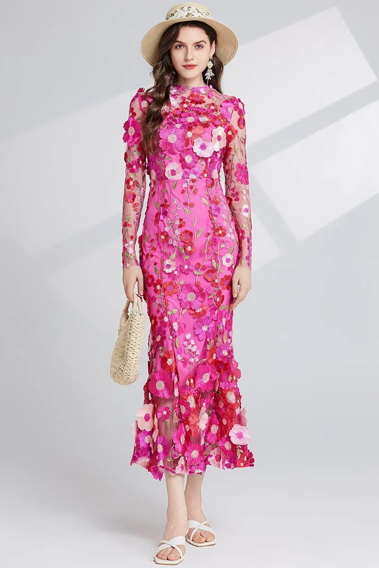 Mesh Embroidery 3D Floral Long Sleeve Fishtail Midi Dress-Rose Red