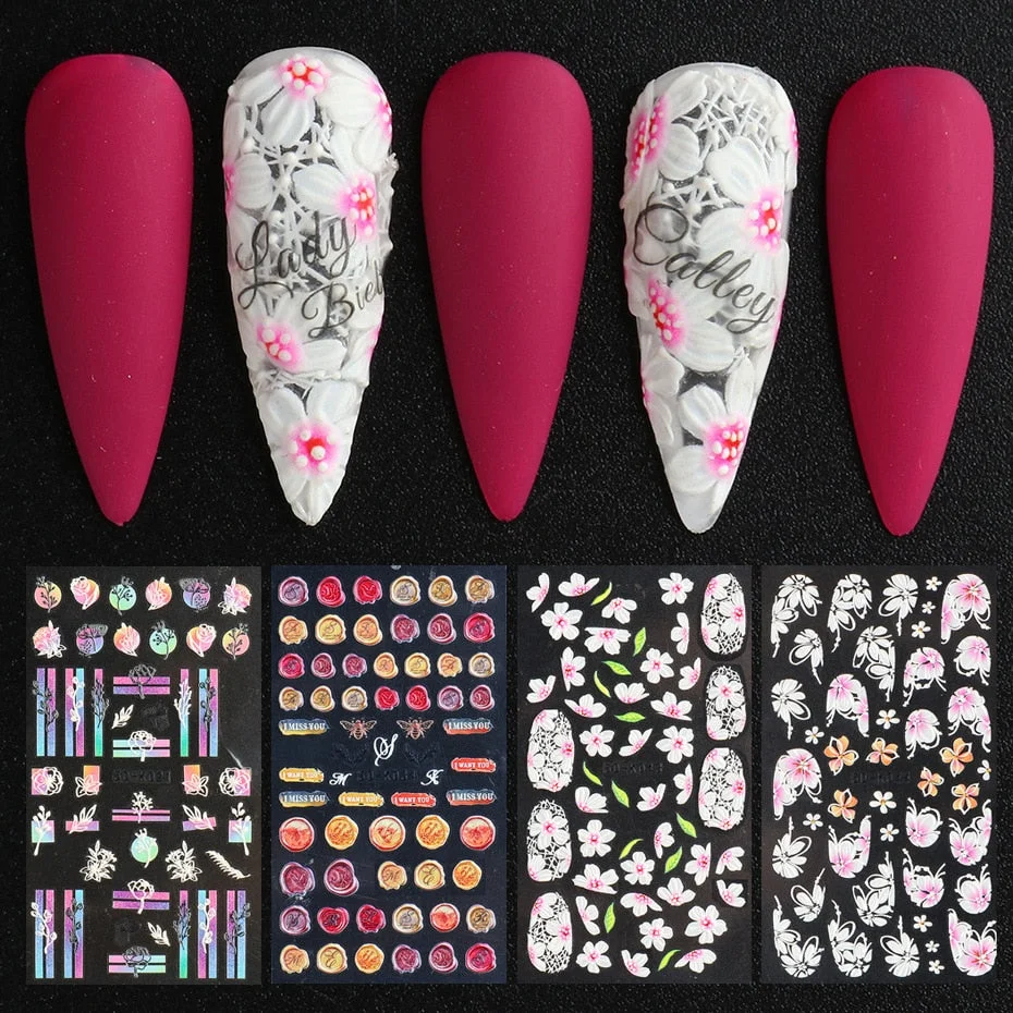 Nail Stickers Embossed 5D Flowers Leafs Designs Back Glue Nail Decals Decoration Tips For Beauty Salons-Nail Inspo