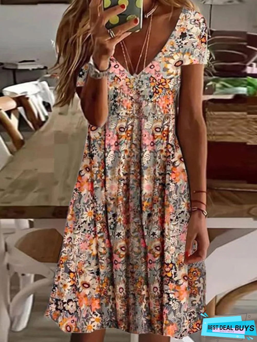 Floral Printed Boho V Neck Short Sleeve Knit Casual Vacation Dress