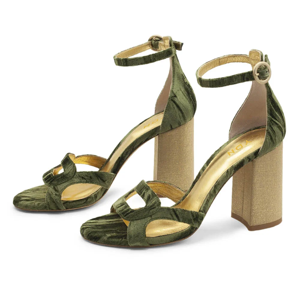 Green Velvet Open Round Toe High Heels Sandals with Ankle Strap
