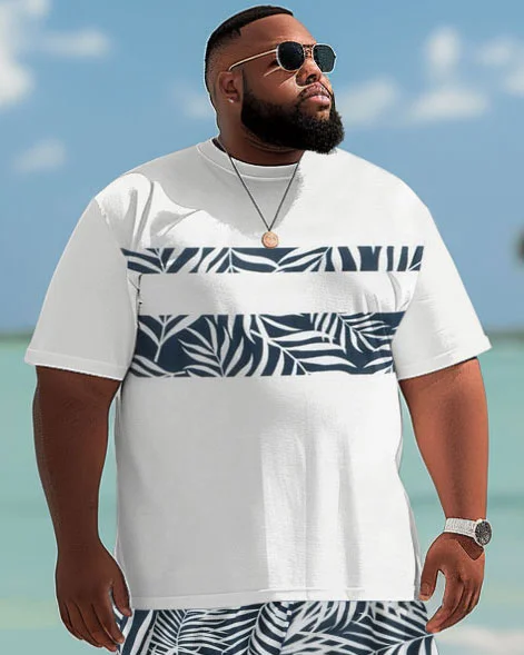 Hawaiian Simple Striped Leaf Print Shorts Men's Plus Size Suit