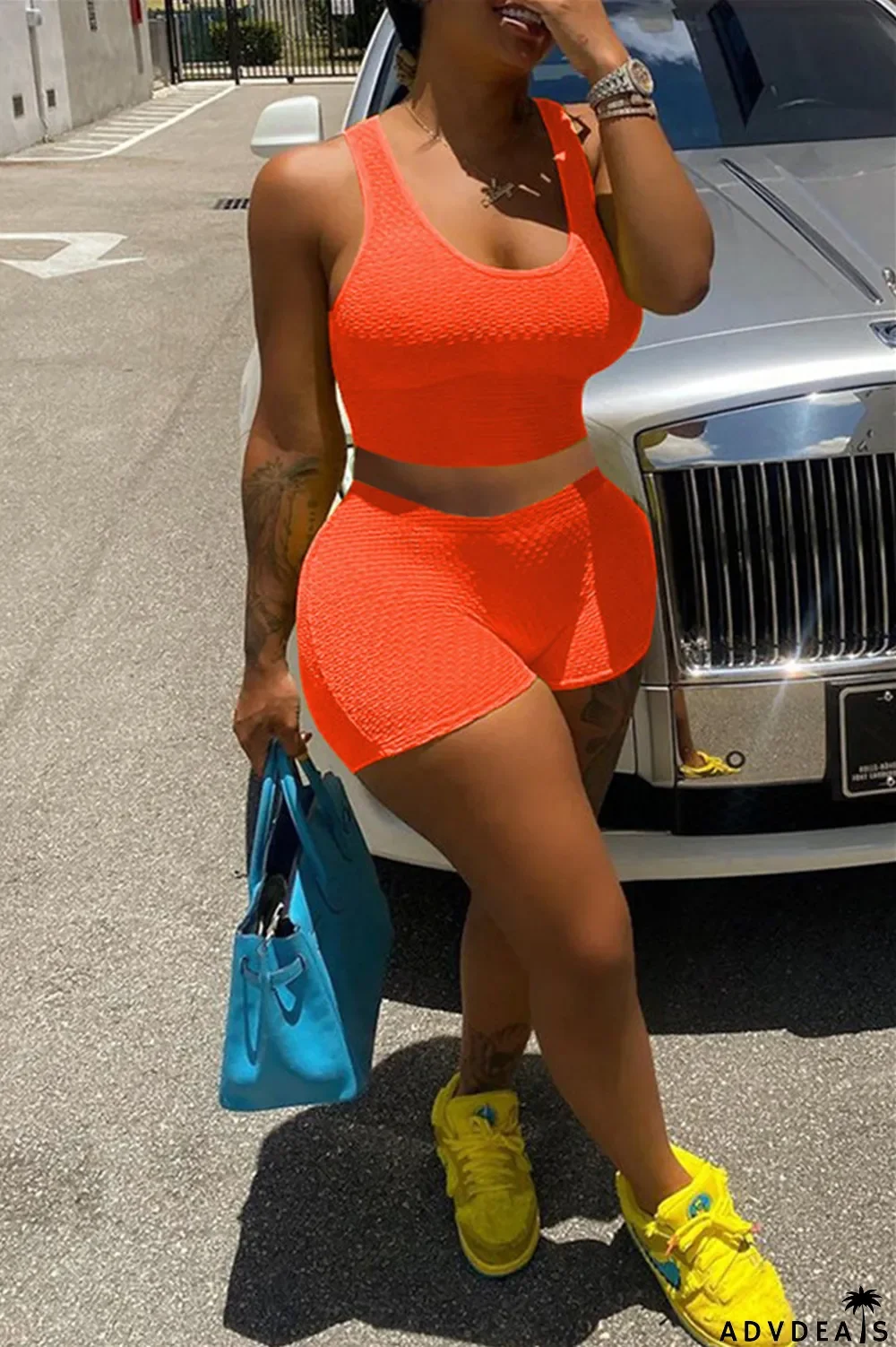 Yellow Fashion Casual Solid Basic U Neck Sleeveless Two Pieces