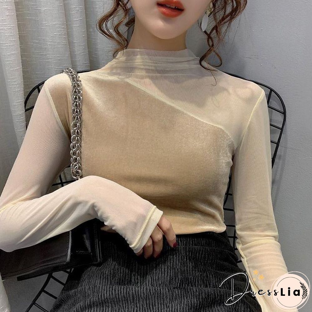 Sexy Mesh Joint Velvet Shirt