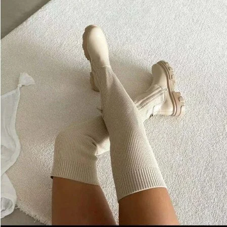 Flats Shoes Thick Sole Boots Autumn Winter Breathable Knitting Sock Upper Women Thigh High Boots Stretch Round Toe Plus Size