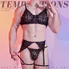 Men's Sexy 3 Piece Lingerie Set Lace Bra Garter Belt Thong