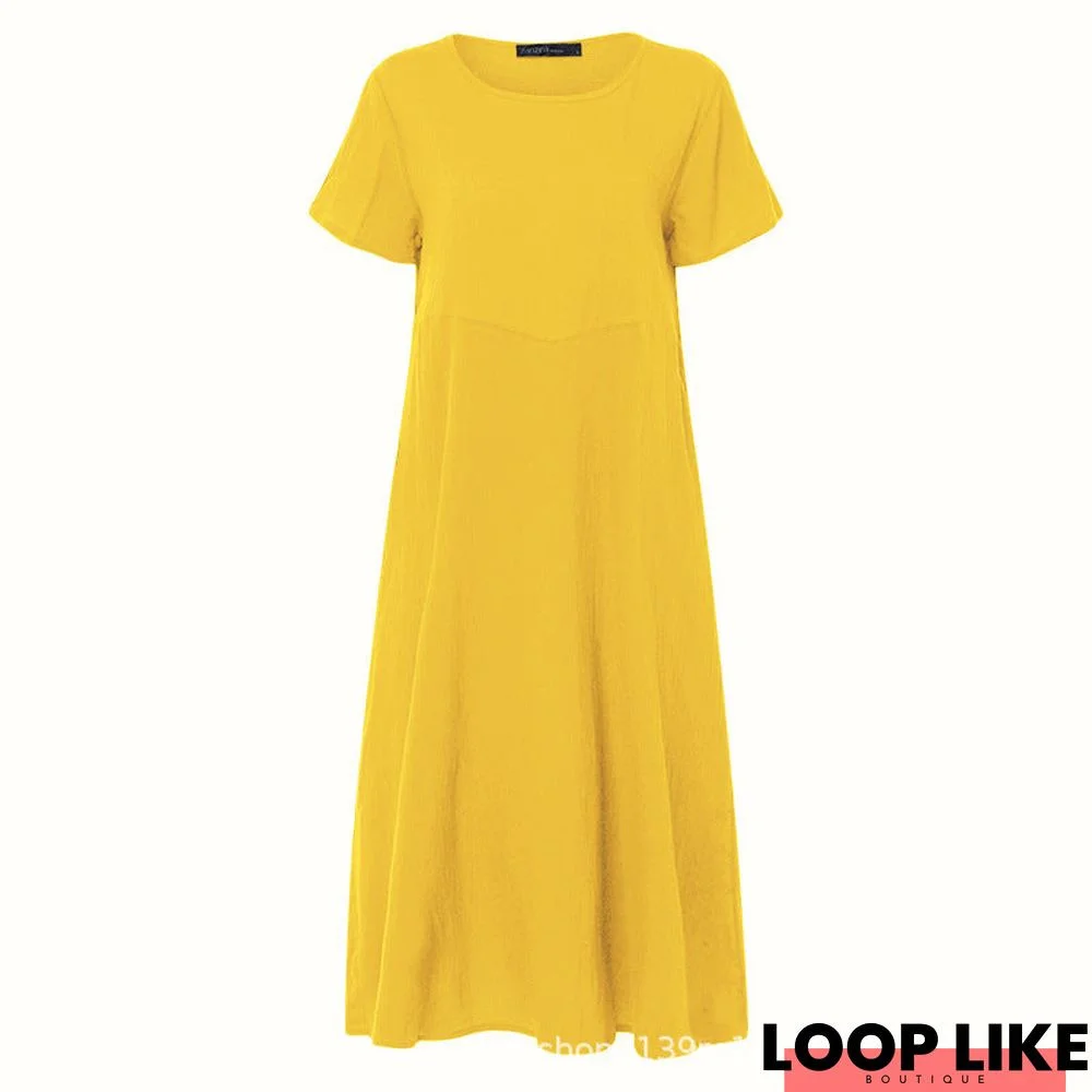 Loose solid color plus size cotton and linen dress