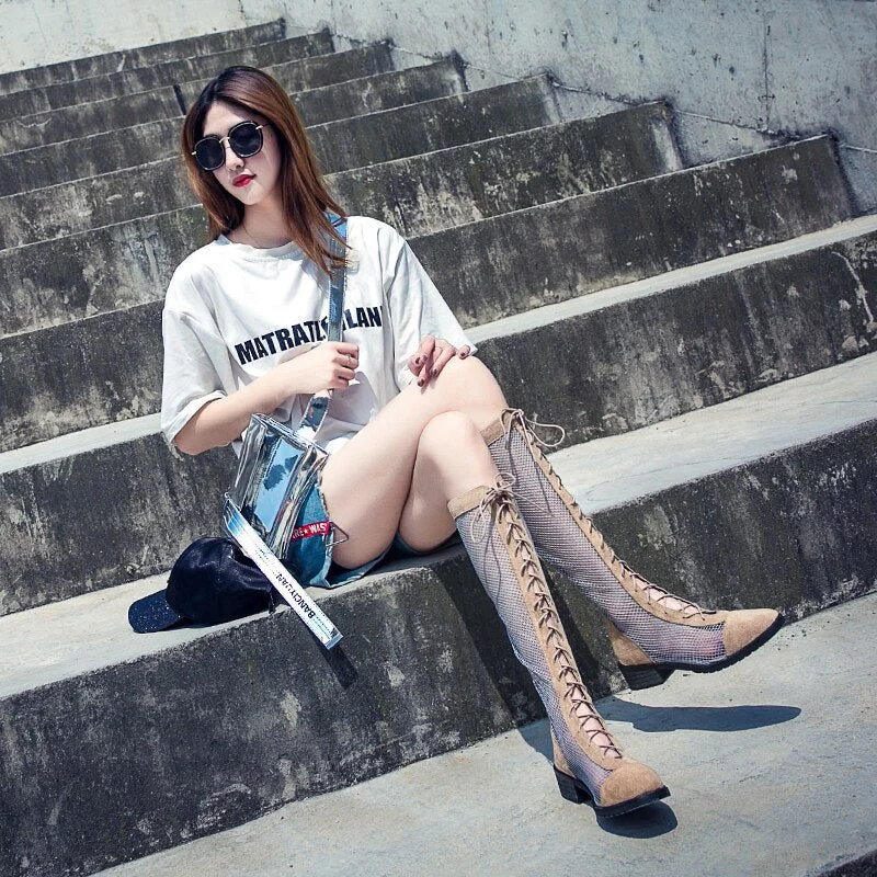 Summer Street Trend Mesh Ladies Boots Chic Show High Mid-Calf Women Boots Ins Zippers Pumps Breathable AirMesh Sexy Shoes