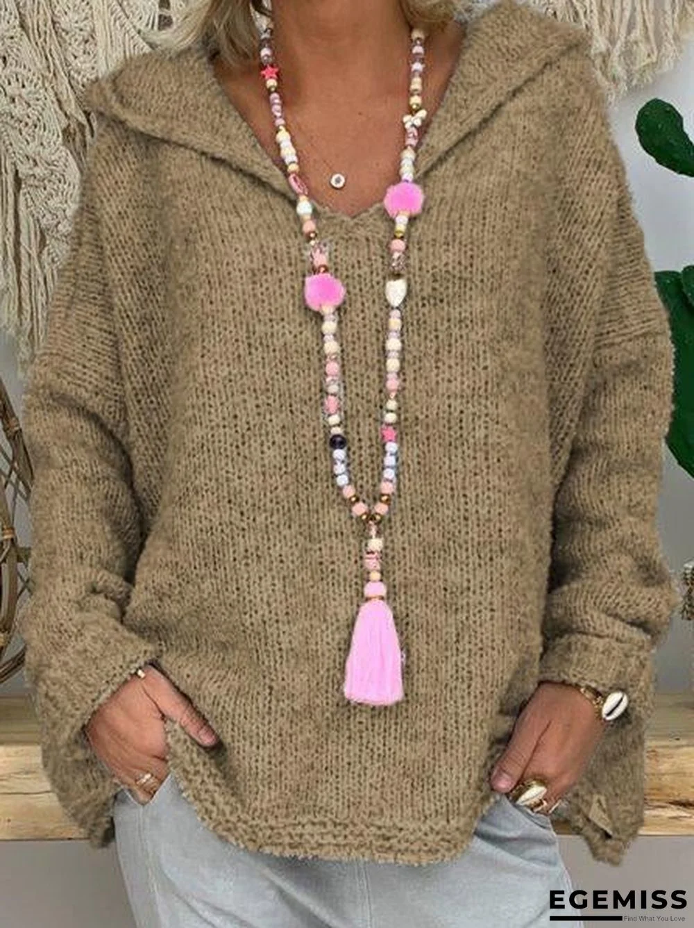 Casual Solid Shift Knitted Hoodie Sweater | EGEMISS
