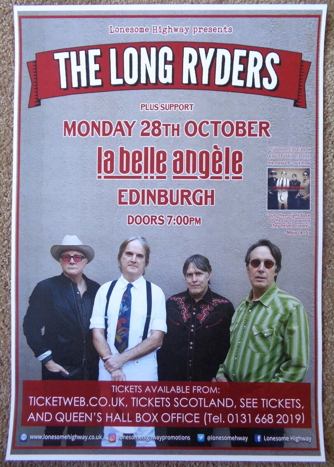 LONG RYDERS 2019 Gig POSTER Edinburgh Scotland UK Concert The Long Ryders