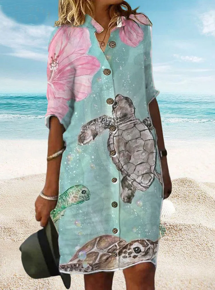 A-Line Turtle Ocean Printed Buttoned  Dress