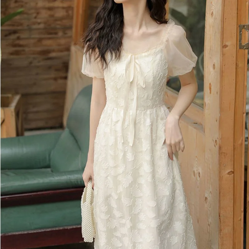 Jangj Summer French Style Fairy Puff Sleeve Chiffon Dress Square Collar Bow Decorated Short Sleeve Dress Korean Solid Dress