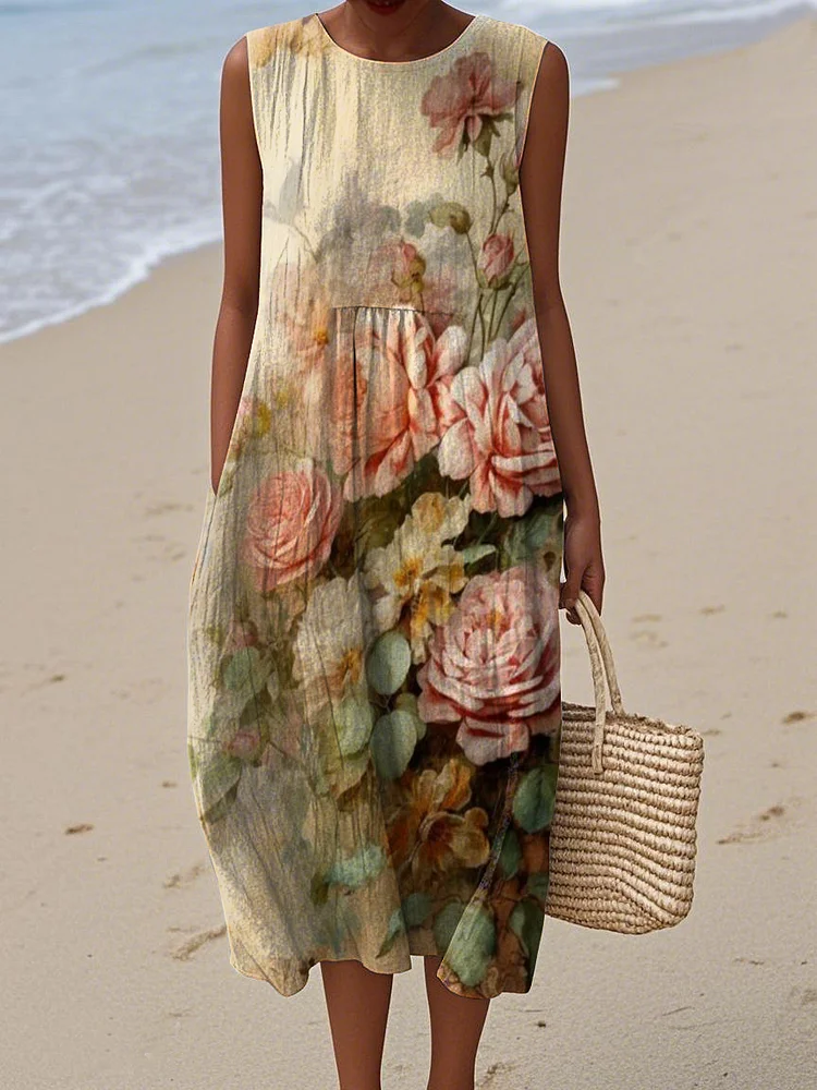Women's Vintage Floral Print Cotton and Linen Dress