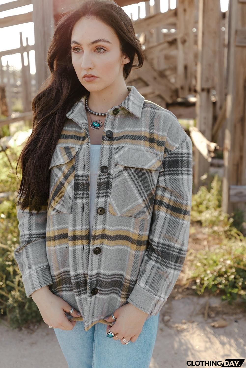 Plaid Button Front Curved Hem Shacket with Pockets