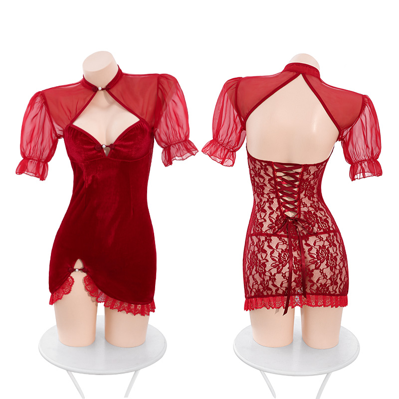 Lovingerie - Velvet-trimmed Lace Sexy See-through Cheongsam Set