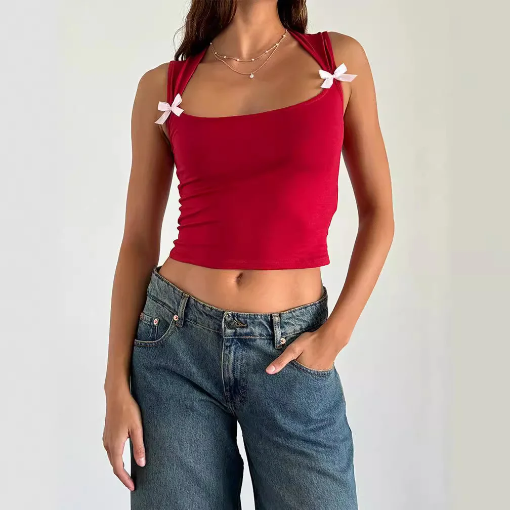 Uveng Uveng New Summer Y2K Fashion Bow Slim Short Style Sling Slim Vest Female