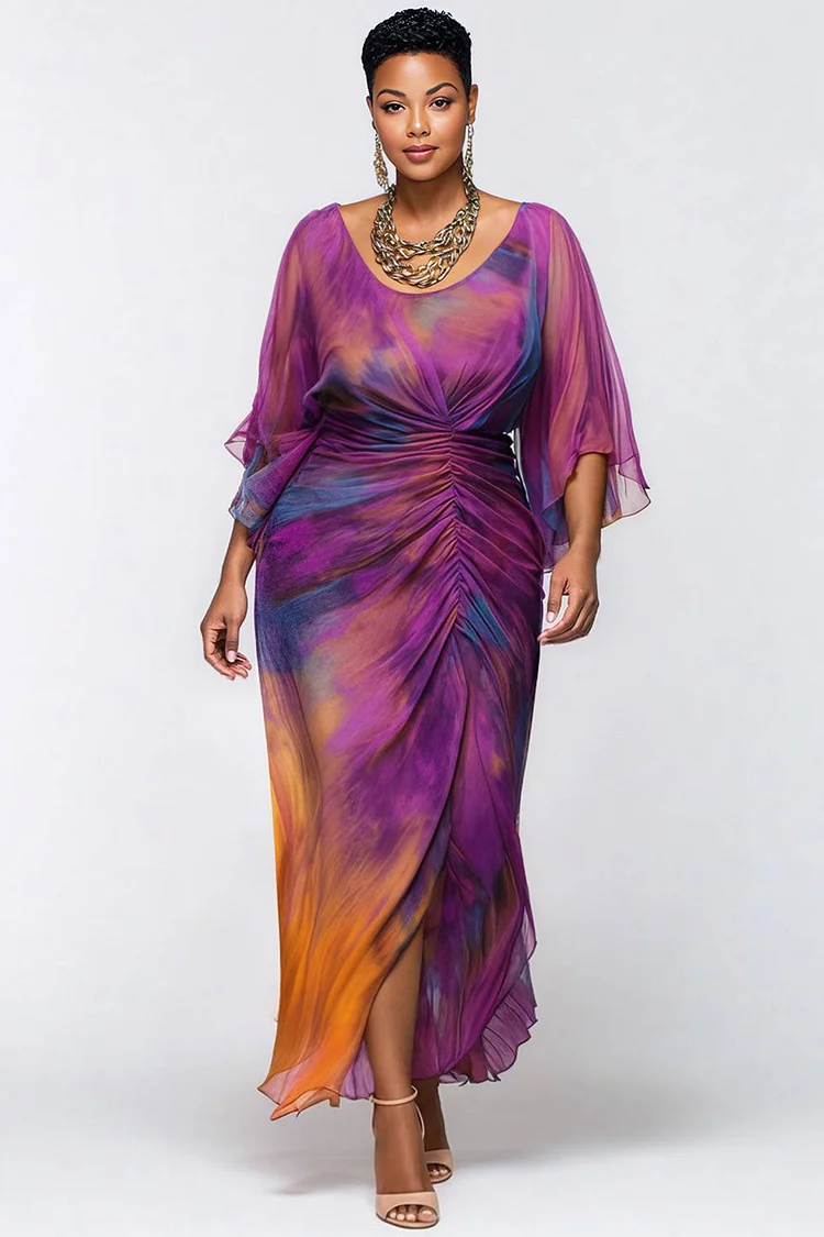 Xpluswear Design Plus Size Cocktail Party Purple Tie Dye Round Neck Flare 3/4 Sleeve Ruched Chiffon Maxi Dresses 2024 - Xpluswear