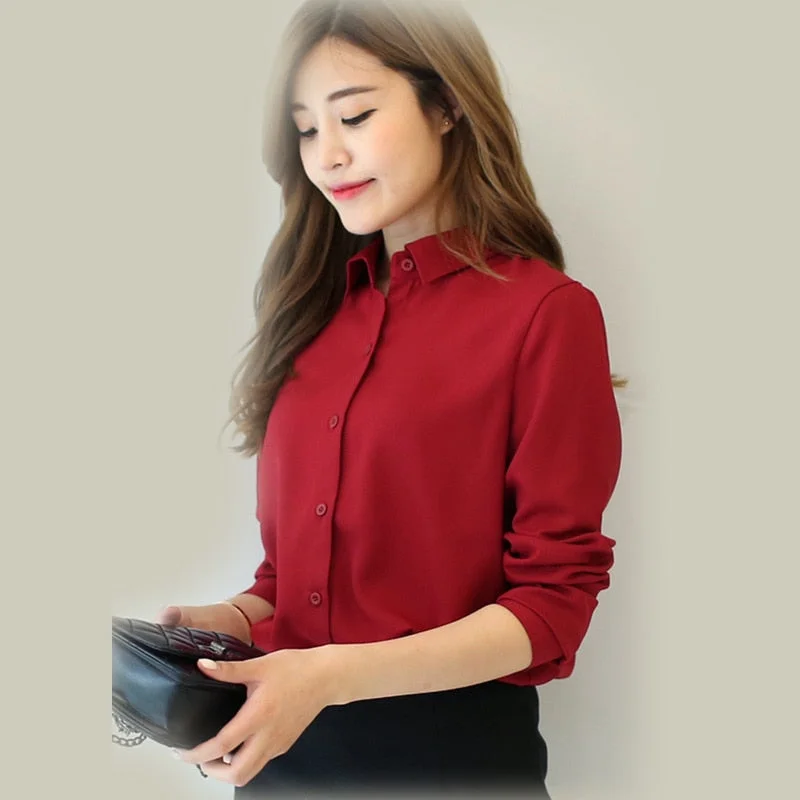 2021 spring new hot solid color lapel long sleeve shirts Plus Size shirt chiffon blouse shirt women's casual loose blouses EY8