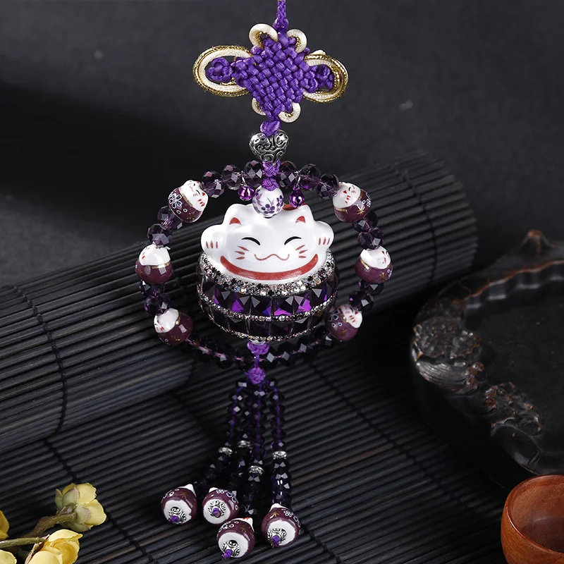 Chinese Bow Lucky Cat Rhinestones Crystal Rearview Mirror Decoration Gift Car Pendant