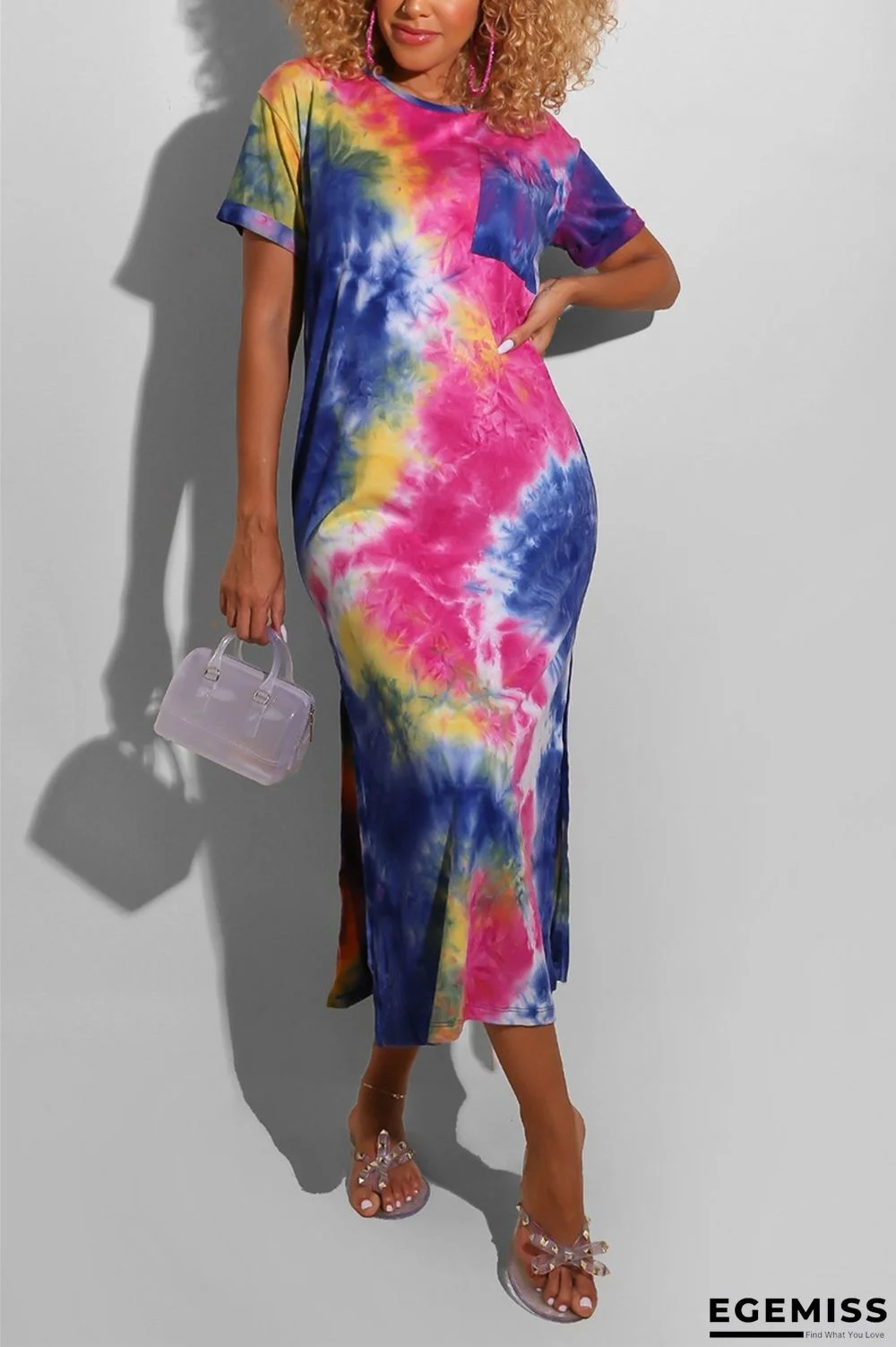 Blue Europe and America Short Sleeves O neck Pencil Dress Ankle-Length Print Tie and dye Dresses | EGEMISS