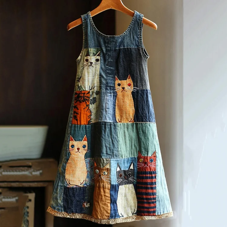 Casual Pop Art Patchwork Denim Cat Dress