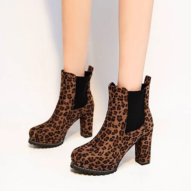 Leopard Round Toe Chunky Heel Vintage Platform Boots Vdcoo