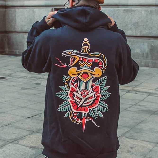 Snake And Dagger Floral Print Loose Hoodie - Krazyskull