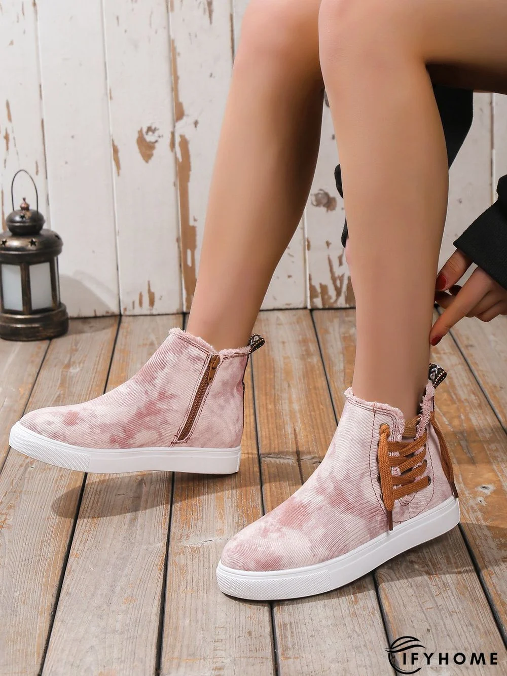 Casual Lace-up Decor Fringe High Top Canvas Shoes with Side Zip | IFYHOME