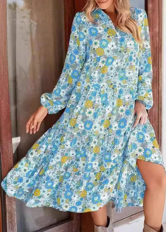 Boho Blue Print Wrinkled Patchwork Chiffon Dress Fall