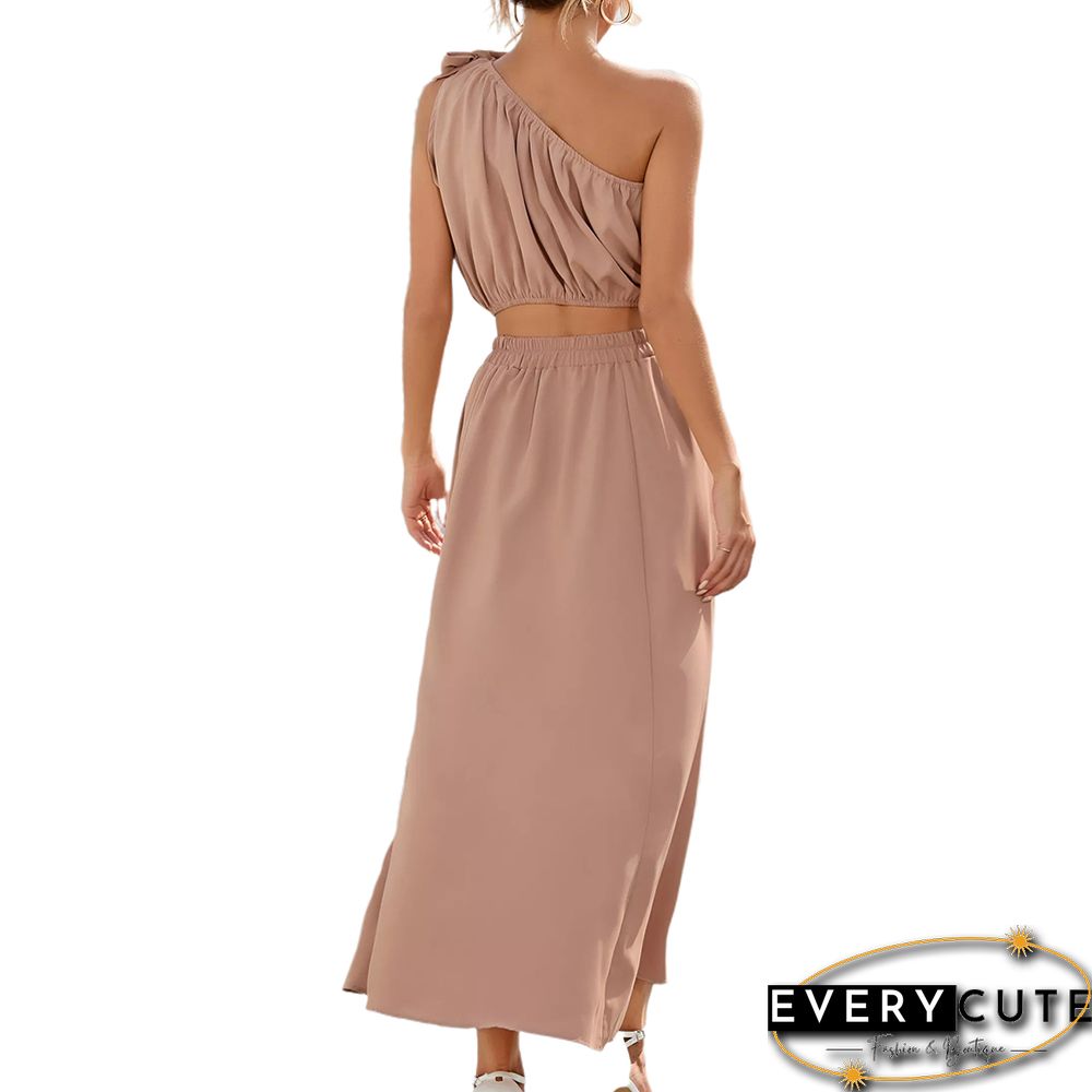 Khaki One-shoulder Crop with with Slit Maxi Skirt Set