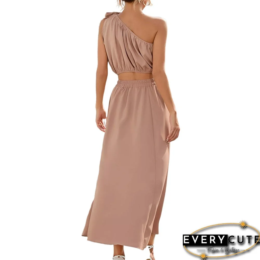 Khaki One-shoulder Crop with with Slit Maxi Skirt Set