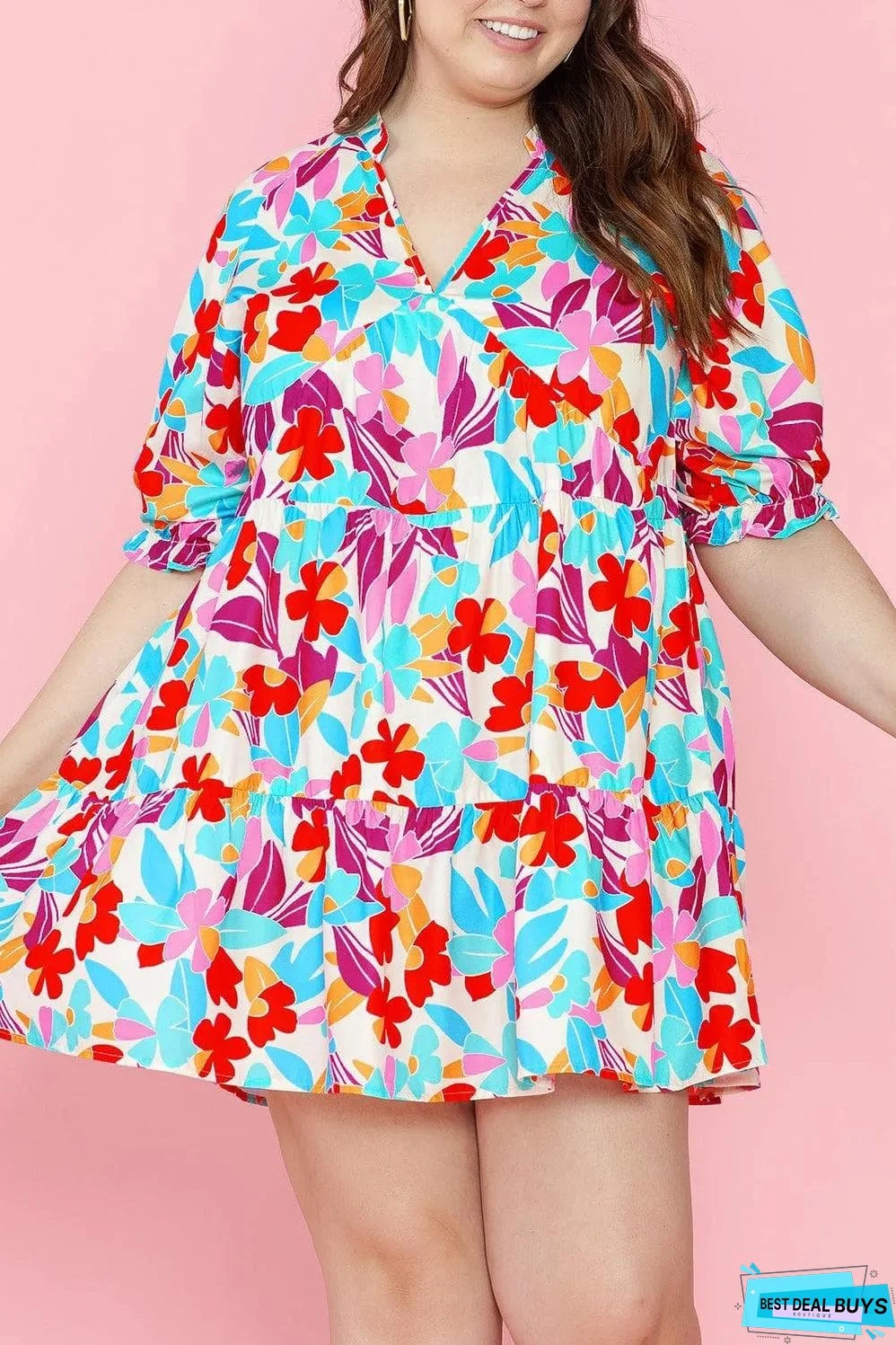 Multicolour Floral Tiered V Neck Plus Dress