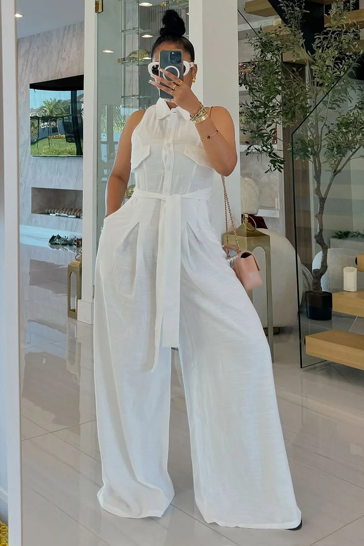 Button Up Cinch Waist Sleeveless Daily Wide Leg Jumpsuit-White [Pre Order]