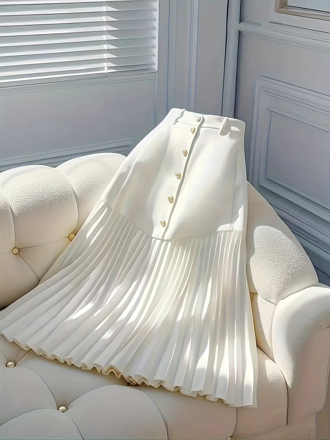 2025 Women's White Pleated A-Line Midi Skirt