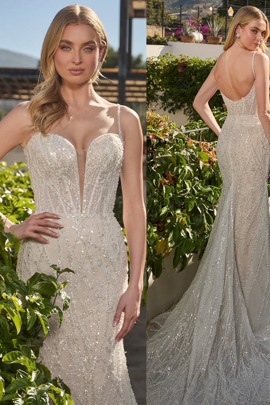 Daisda Sleeveless Spaghetti Straps Deep V-Neck Mermaid Beads Embroidery Prom Dress 