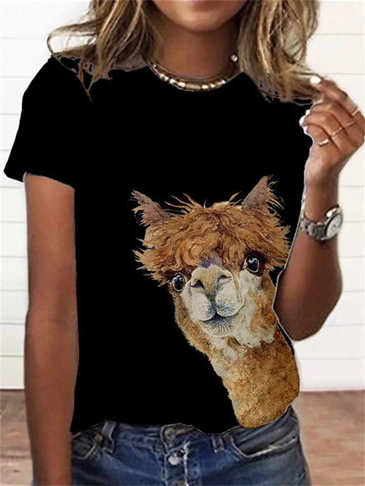 Summer Casual Short-sleeved 3D Animal Print Round Neck T-shirt-Cosfine