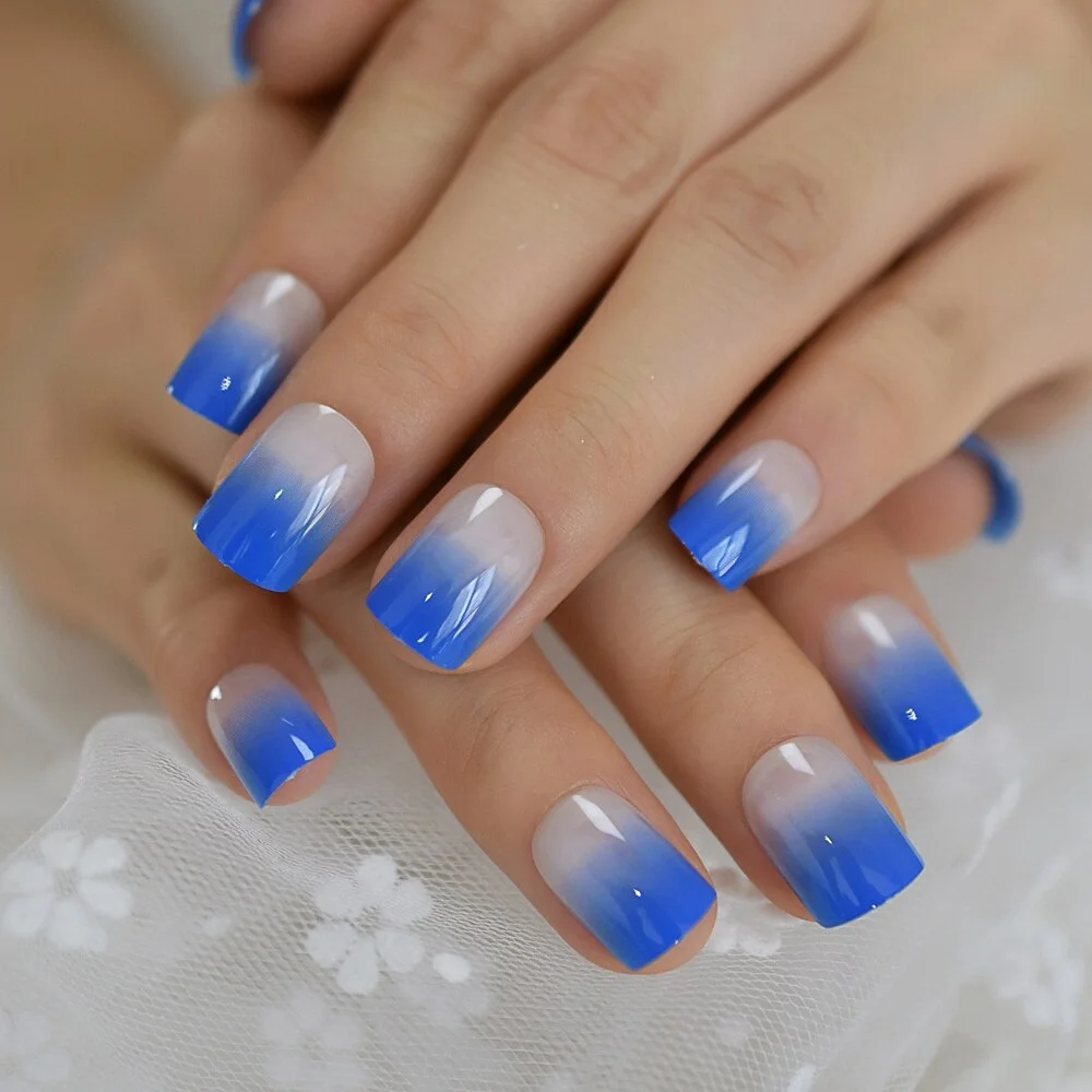 Diamond Blue French Nail Ombre Short Press On Nails Shiny Quality Square Ladies Designed Faux Ongle 24 Ct