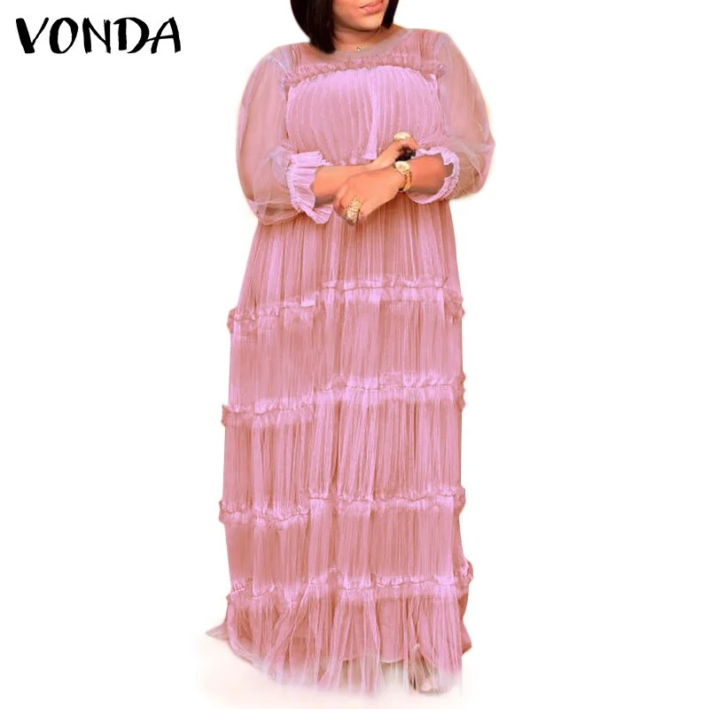 VONDA Women Pleated Dress Summer Sexy See Through Long Maxi Dresses  Holiday Party Dress With Two-piece Sets Femme Robe