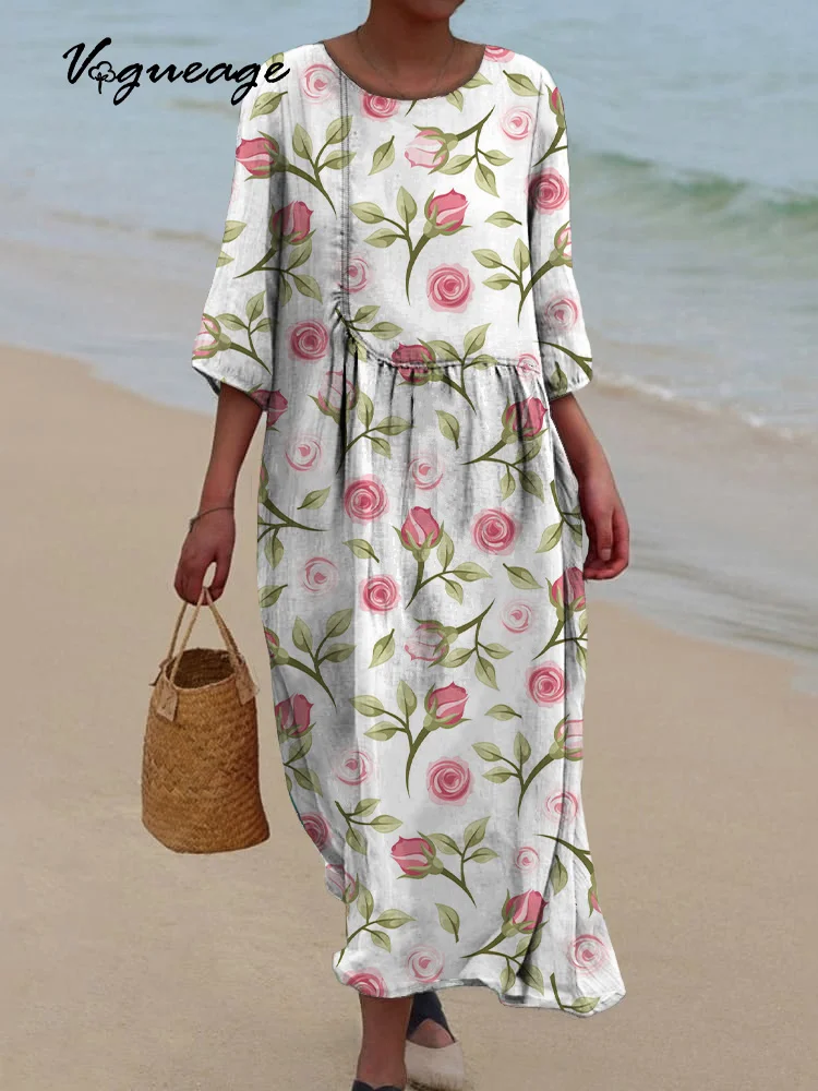 Gentle And Romantic Roses Printed Women's Casual Cotton And Linen Dress