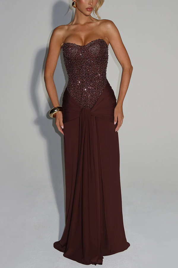 Carina Sequined and Satin Jersey Off Shoulder Ruched Knot Drape Maxi Dress mysite idetrend
