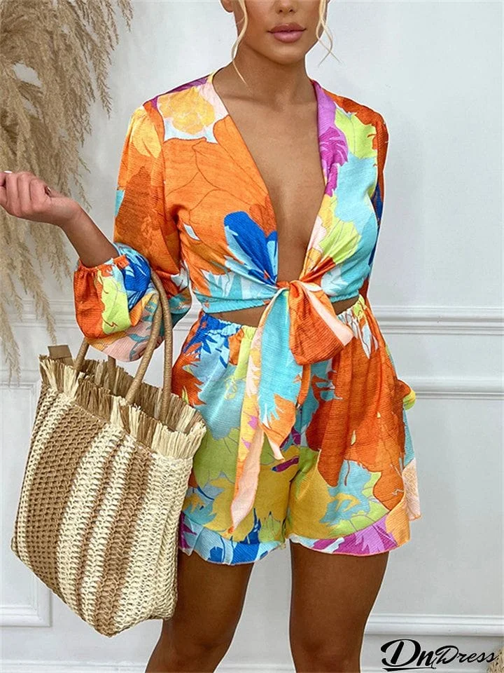 Lady Printed Open Front Shirt Shorts Temperament Two-piece Suit