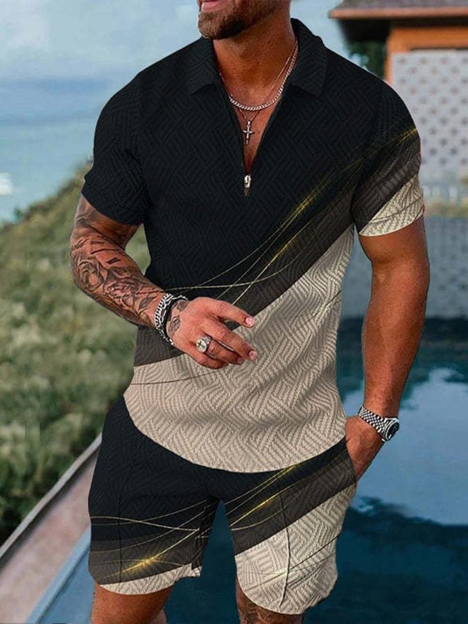 Men'S Casual Zipper Lapel Polo Short-Sleeved Suit