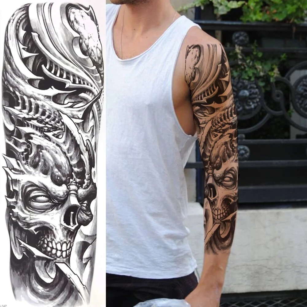 Sdrawing Totem Tattoo Arm Sleeve For Men Women Adult Realistic Fake Skeleton King Temporary Tattoo Evil Eye Demon Death Skull Tatoo